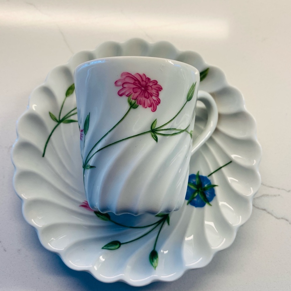 VIntage LIMOGES HAVILAND FLORENCE DEMITASSE CUP SAUCER PINK BLUE FLOWER